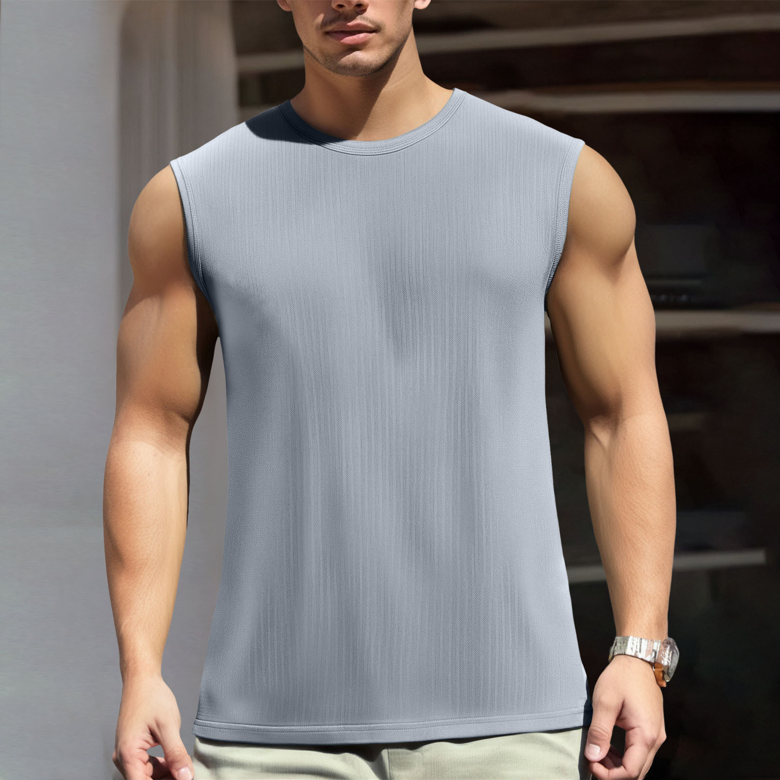 thumbnail image 2 of Camiseta interior de manga corta de seda helada para hombre - Malla cuadriculada, transpirable, poliéster - Ajuste musculoso, M-XXXXXXL, largo 65-79 cm, 2 of 4
